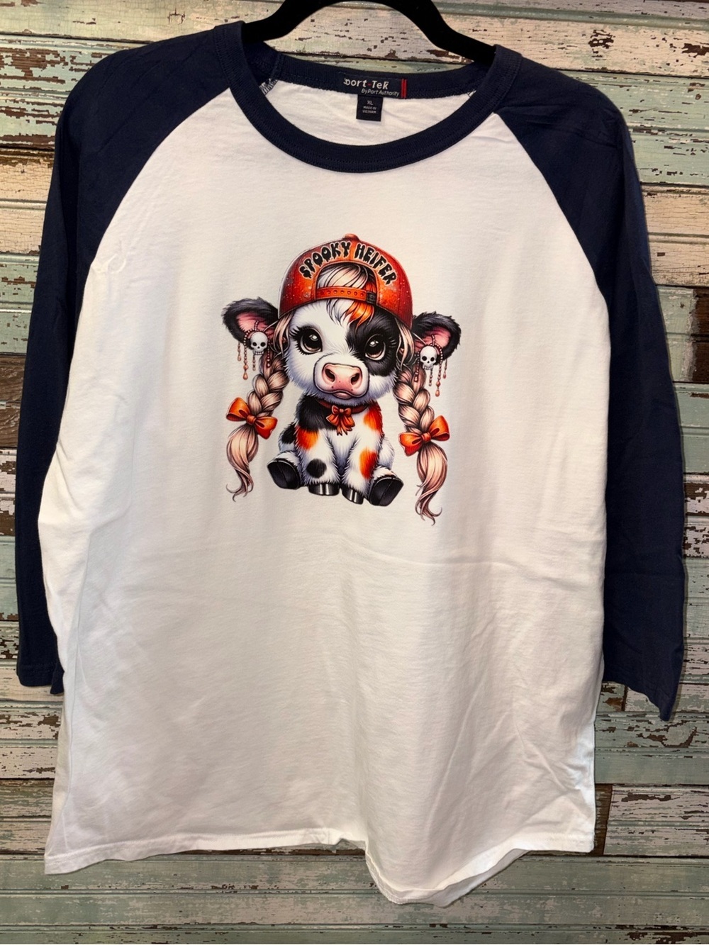 Port Authority White and Navy Raglan Tee with Colorful Cow Graphic